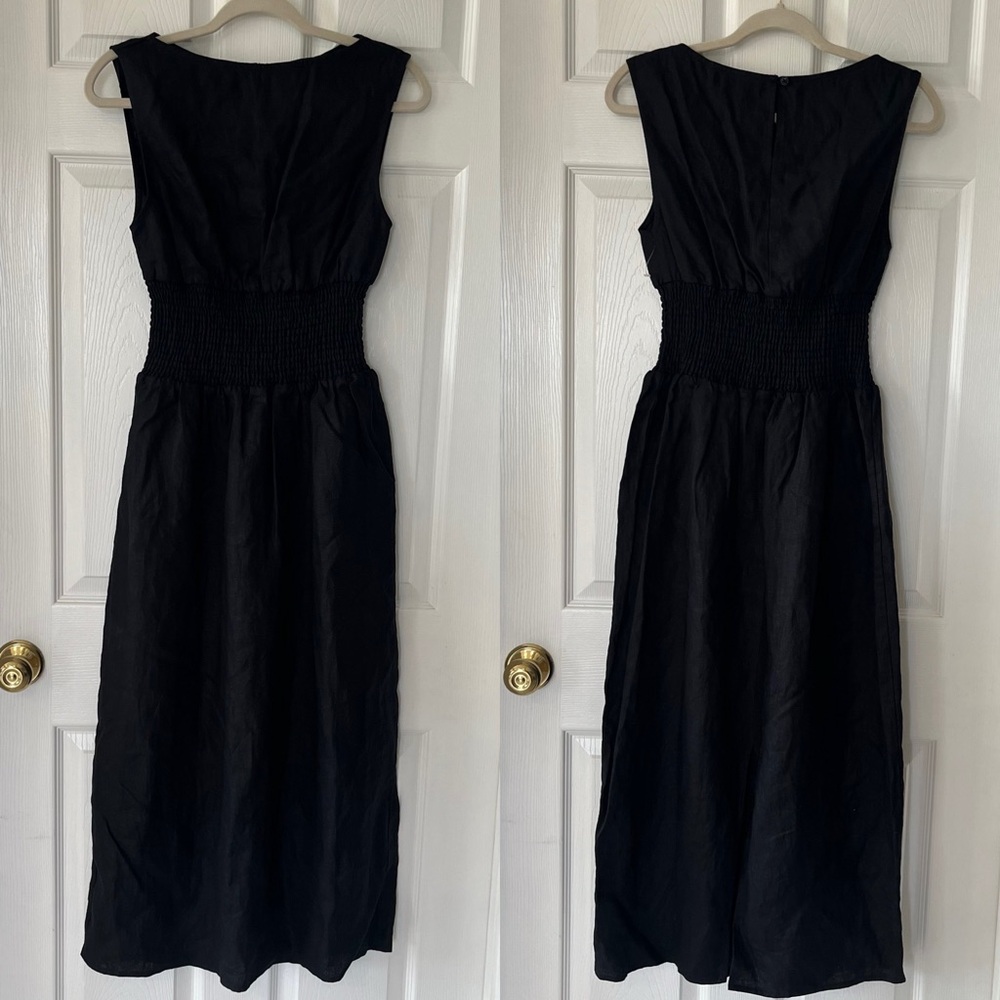 Reformation Davie Dress Black 100% Linen Womens Size 4 Sleeveless Smocked Ruched
